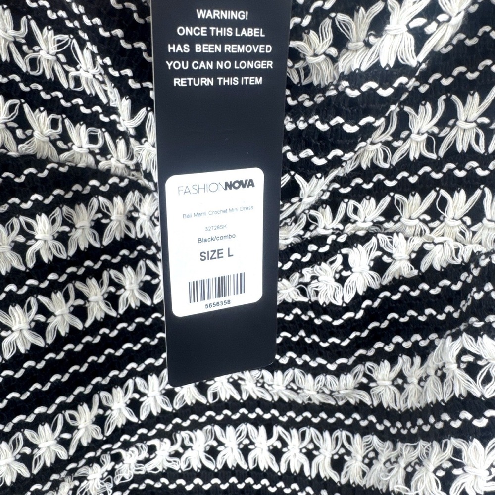 Fashion Nova Bali Mami Crochet Mini Dress Black White Fringe Tassel Large NWT - Picture 6 of 7